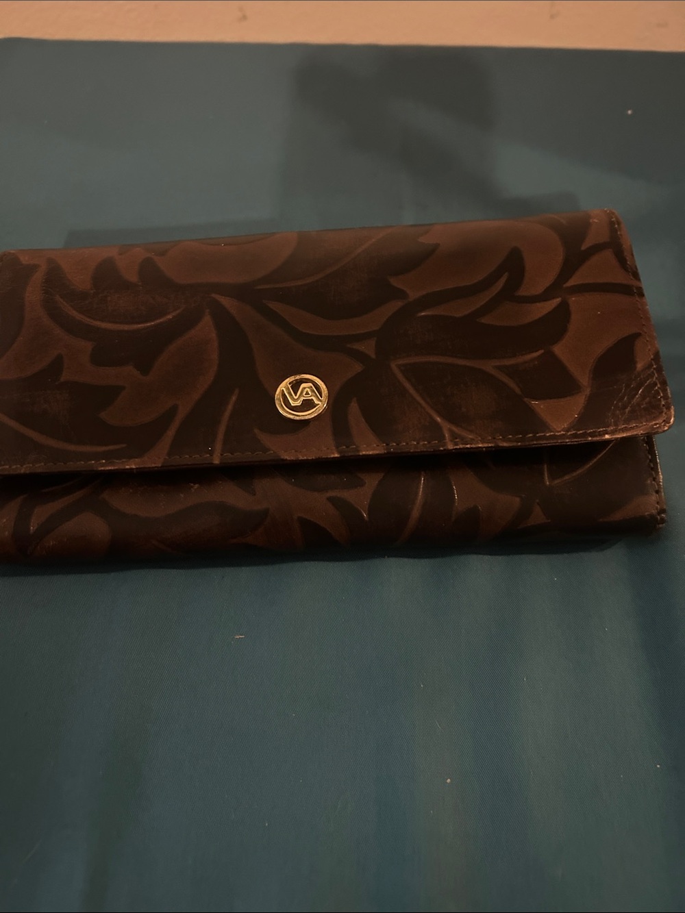 Valentina Brown Floral Pattern Leather Clutch with Gold Logo